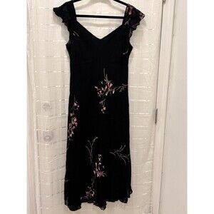 Evan Picone Black Floral Midi Dress Size 16 Ruffle Strap Evening Party